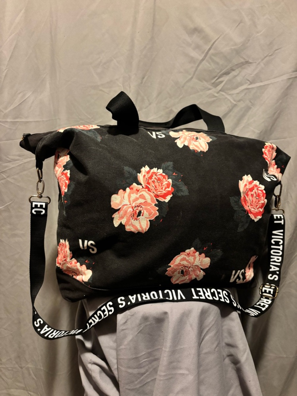 Victoria's Secret Black Floral Weekender Bag Vintage